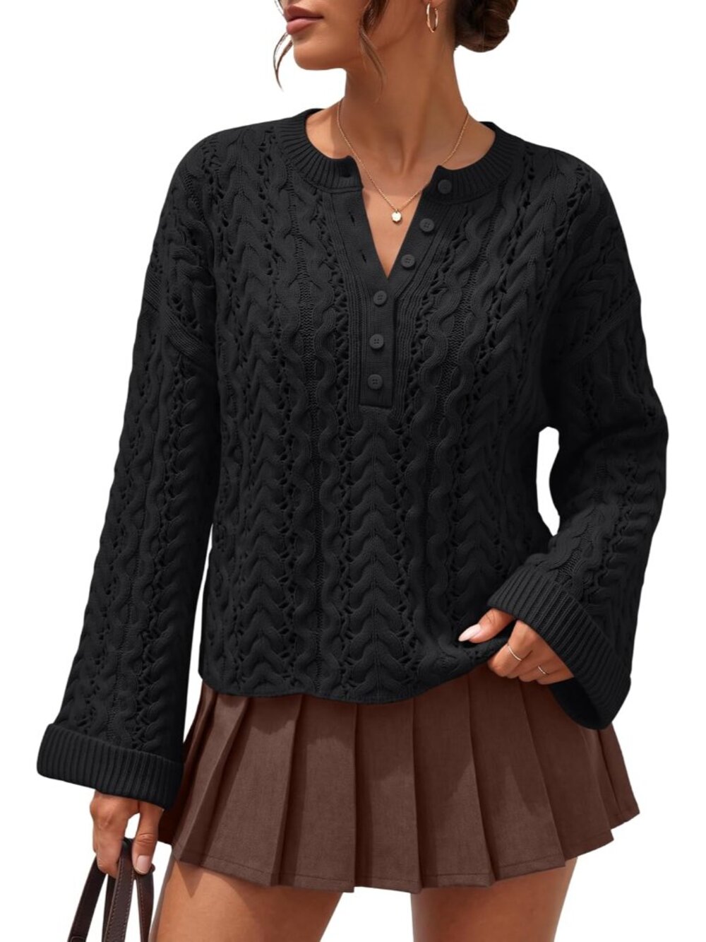 Women's Cable Knit Henley Cropped Sweater - Stylish Fall Essential